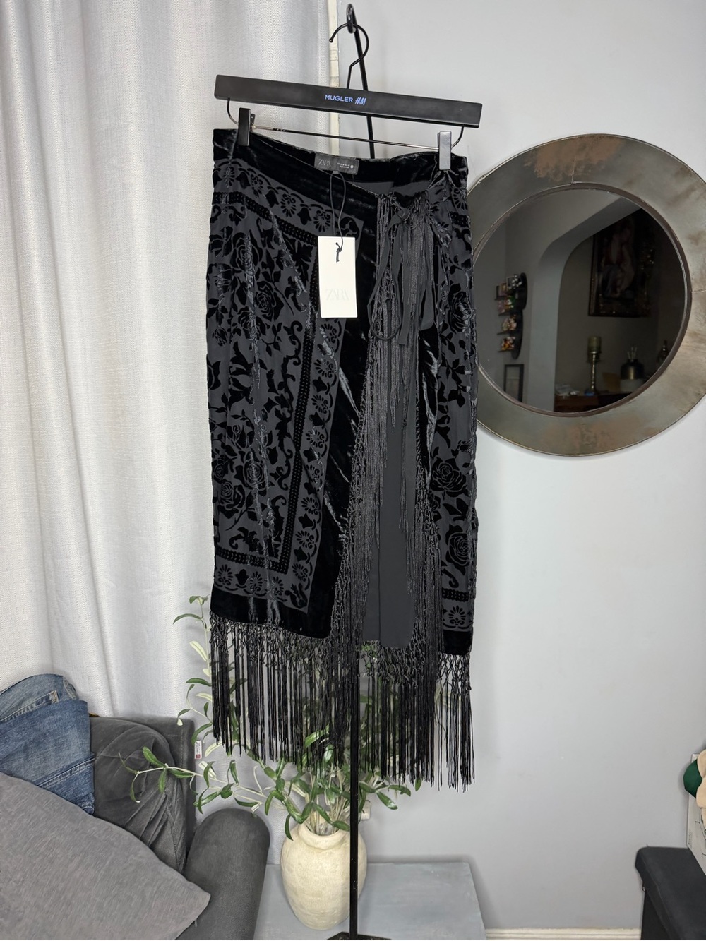 Zara Black Velvet Fringe Wrap Midi Skirt - Picture 10 of 15